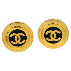 Vintage CHANEL 97P CC Coco Mark Round Gold Plated Blue Gripoix Clip-On  Earrings