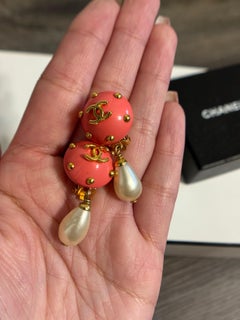CHANEL Vintage Coral and Gold CC Faux Pearl Dangle Clip On Earrings