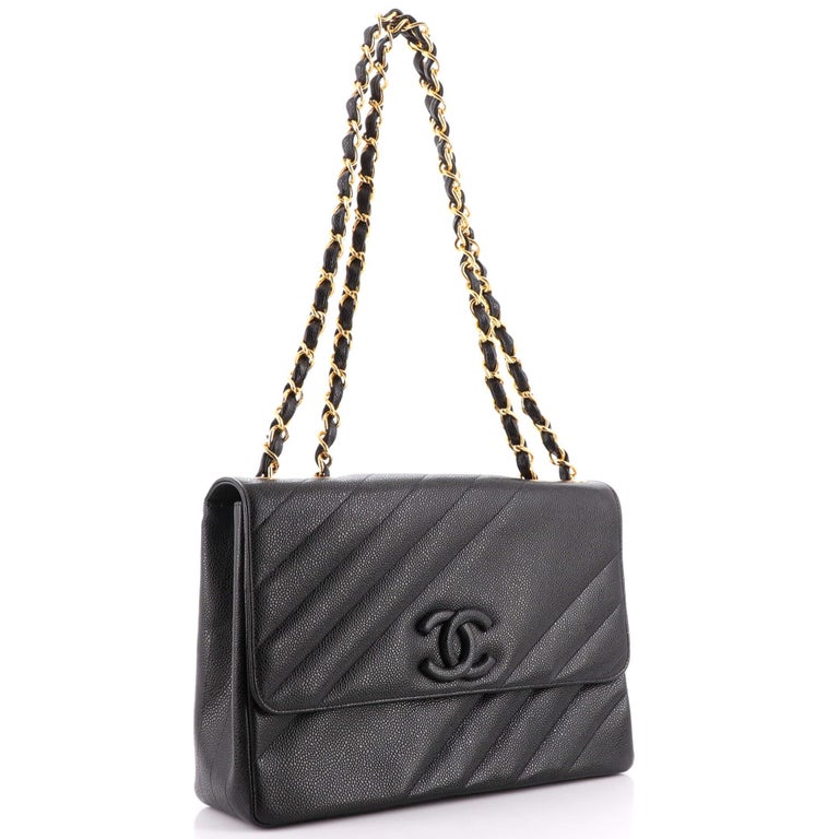 Chanel Vintage Black Caviar Leather Jumbo Vertical Quilted Single Flap Bag