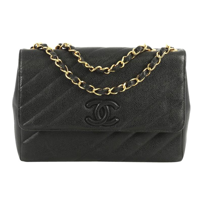 Chanel Vintage Covered CC Flap Bag Diagonal Quilted Caviar Jumbo
