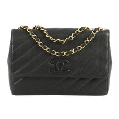 Chanel Vintage Covered CC Flap Bag Diagonal Quilted Caviar Jumbo 