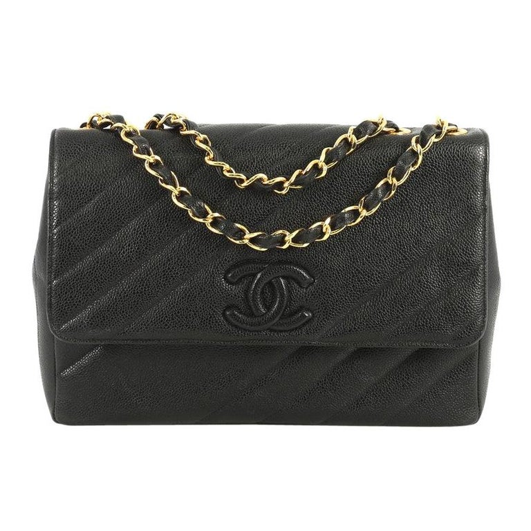 Chanel Vintage Covered CC Flap Bag Diagonal Quilted Caviar Jumbo