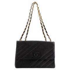 Chanel Vintage Covered CC Flap Bag Diagonal Quilted Caviar Jumbo