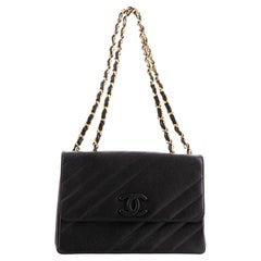 Chanel Vintage Covered CC Flap Bag Diagonal Quilted Caviar Jumbo