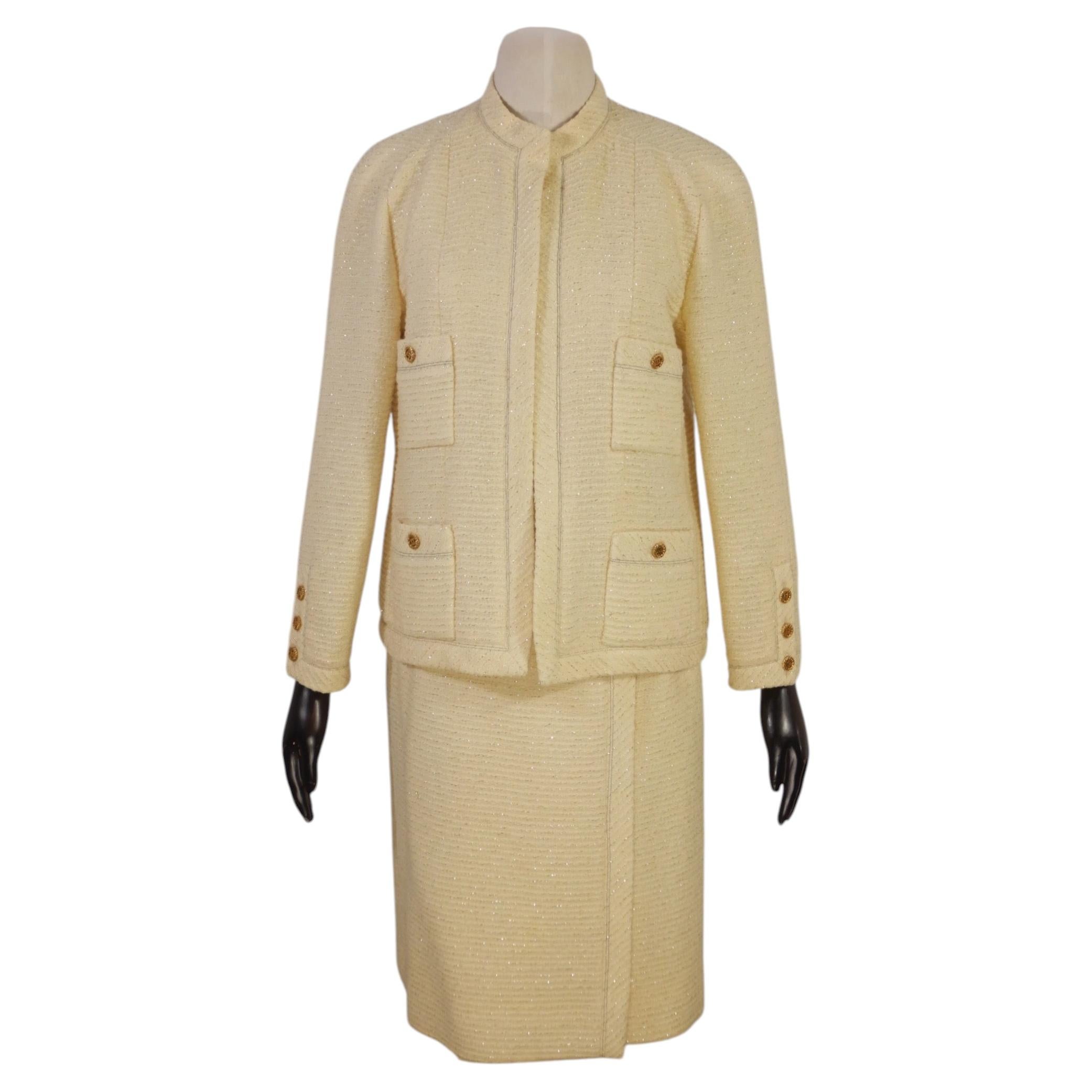Chanel Vintage Cream Wool Metallic Lurex Skirt Suit