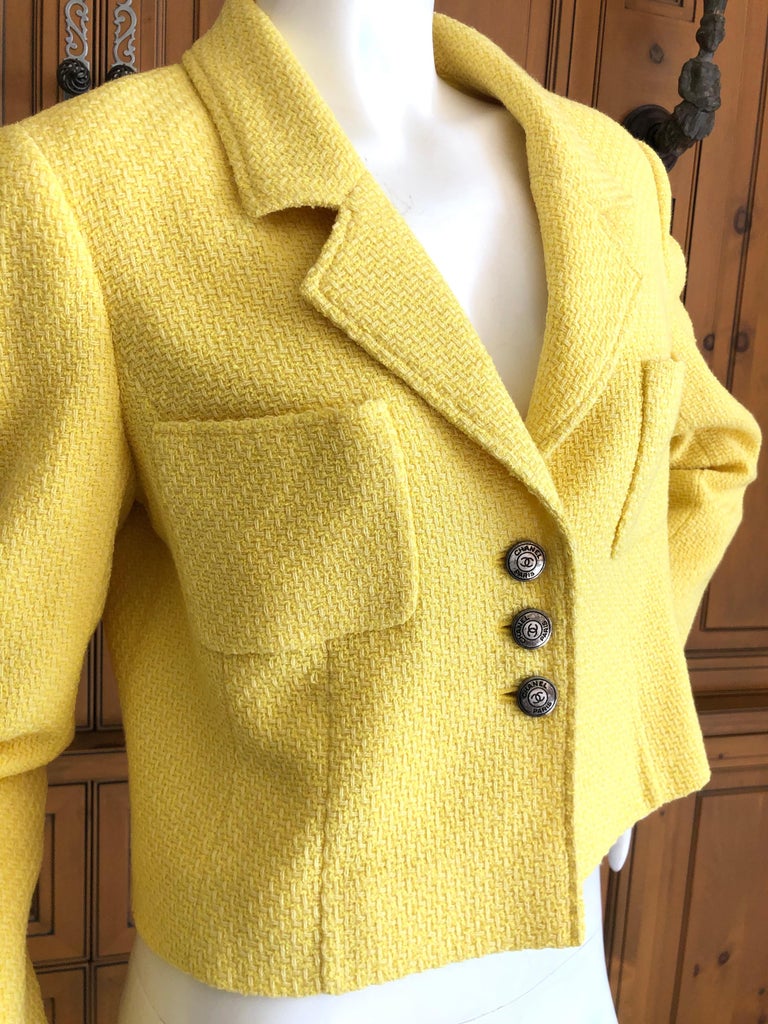 Chanel Vintage Cropped Yellow Boucle Jacket w CC buttons and Chain ...