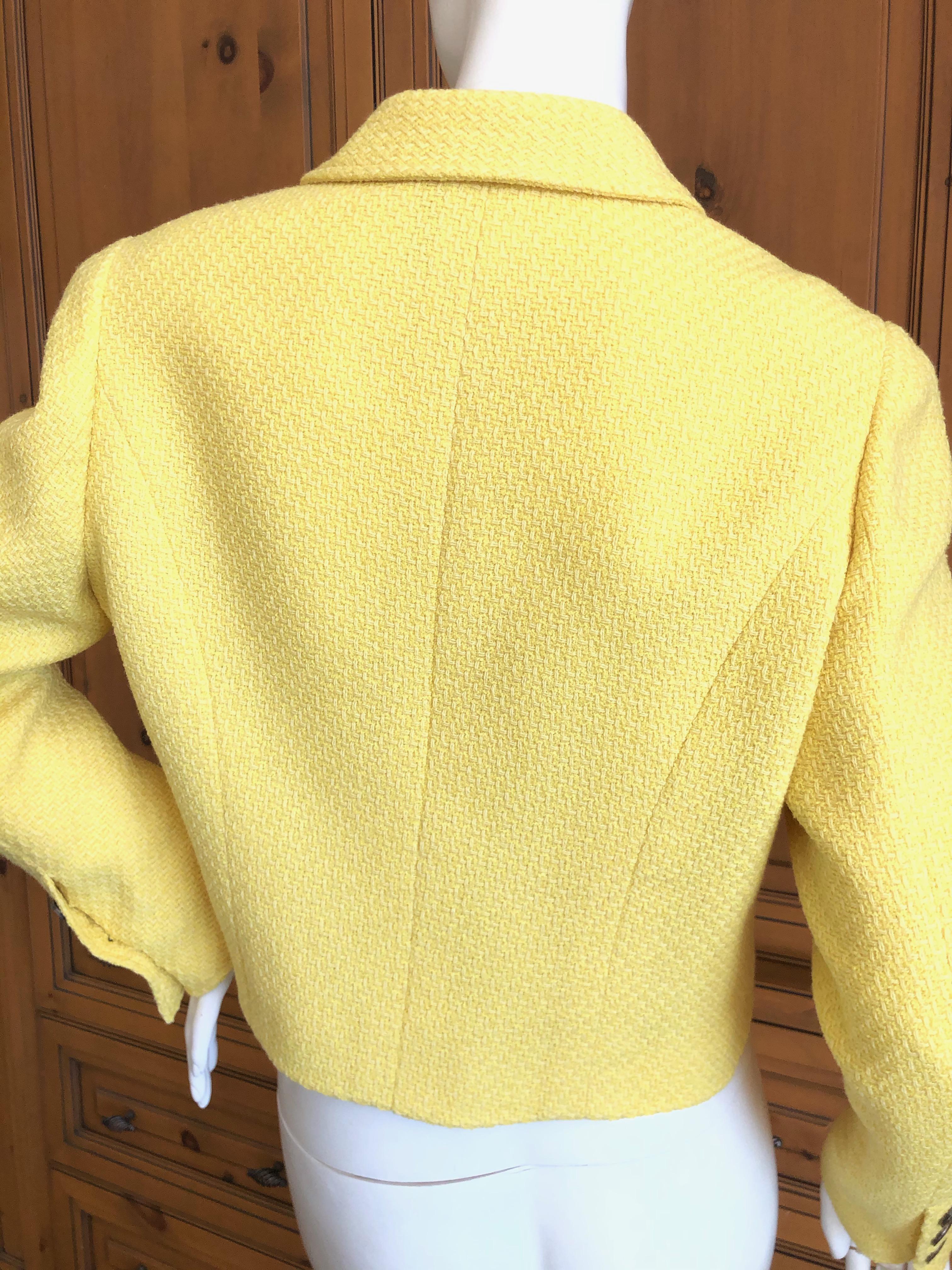 Chanel  Vintage Cropped Yellow Boucle Jacket w CC buttons and Chain Weighted Hem In Excellent Condition For Sale In Cloverdale, CA