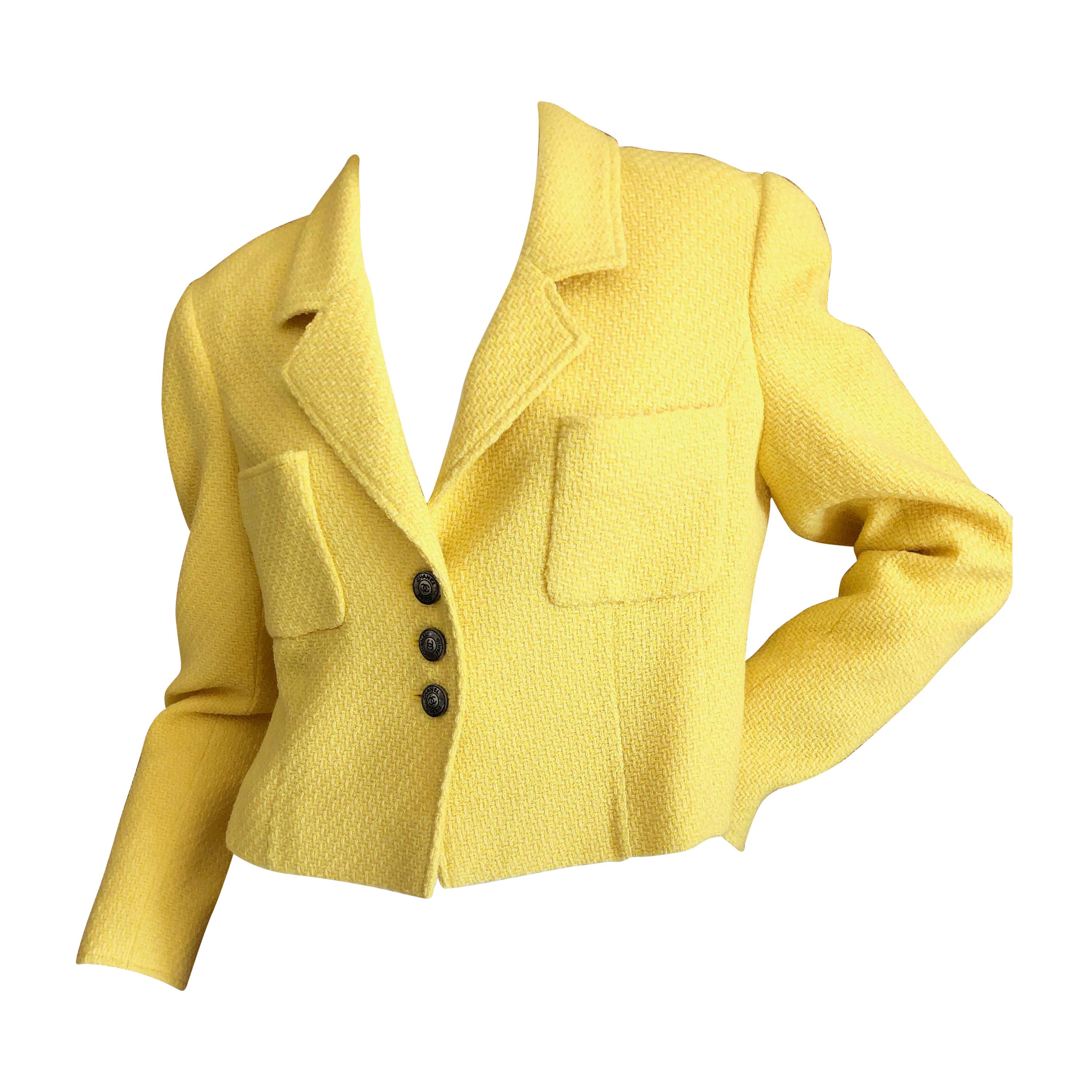Chanel  Vintage Cropped Yellow Boucle Jacket w CC buttons and Chain Weighted Hem For Sale