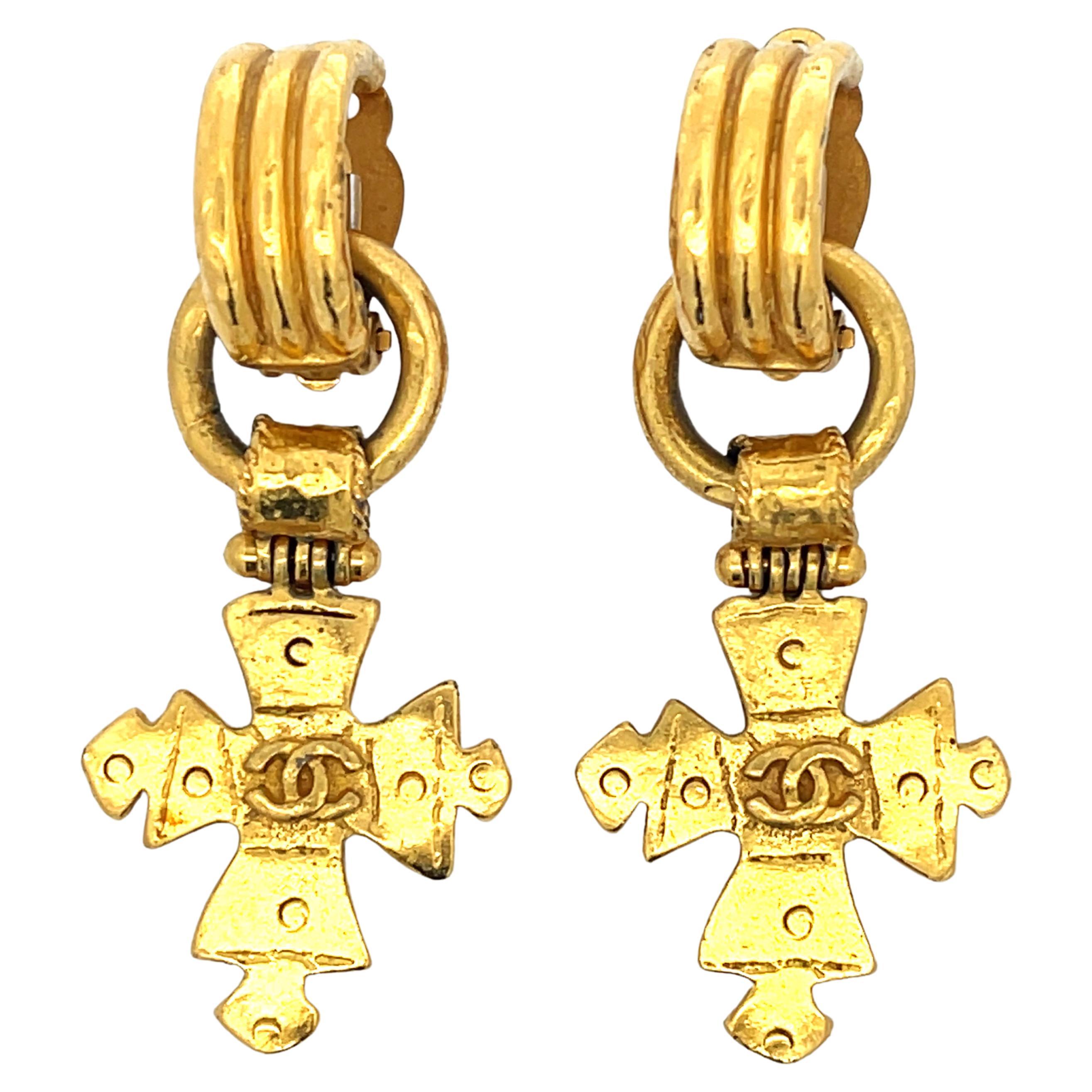 CHANEL Vintage Cross CC Dangly Earrings For Sale