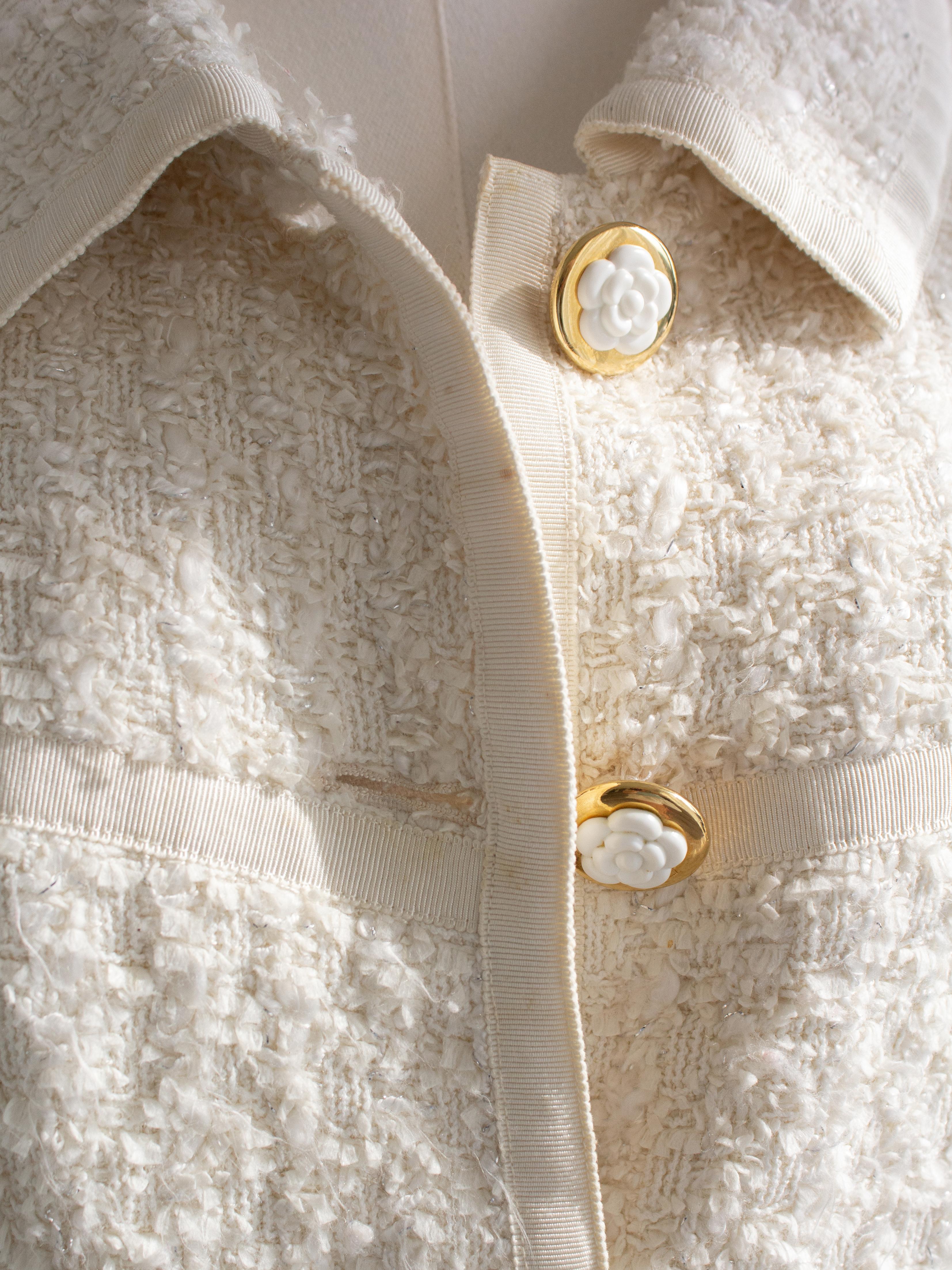Chanel Vintage Cruise 1992 White Tweed Gold Camellia Flower Chanel Vintage Cruise 1992 White Tweed Gold Camellia Flower