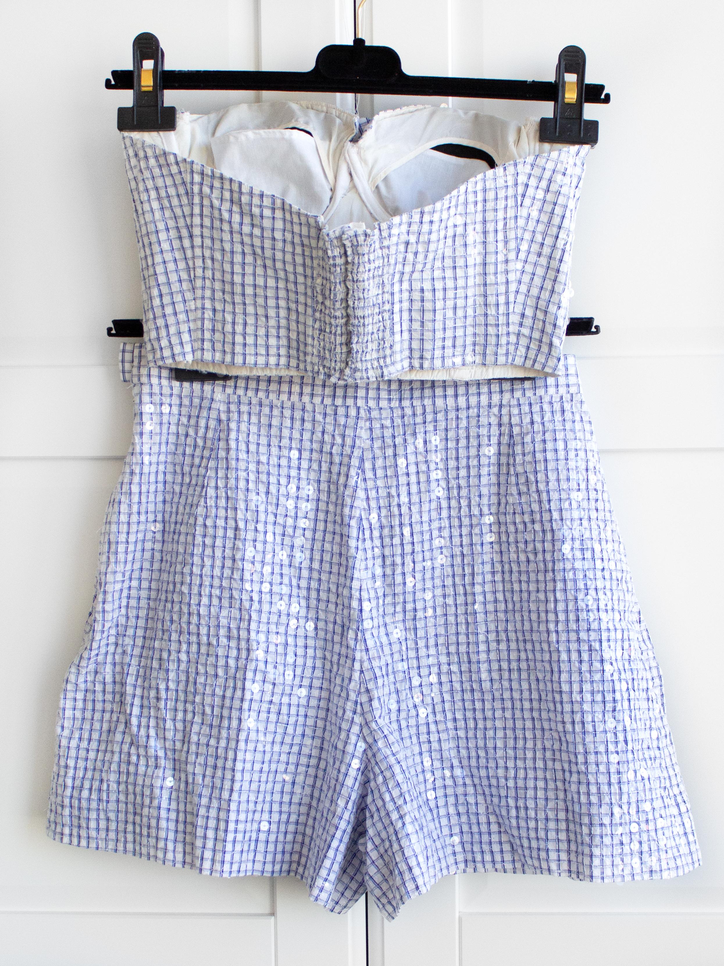 Chanel Vintage Cruise 1995 Blue Gingham Bustier Shorts Camellia Brooch 95C Set In Good Condition In Jersey City, NJ