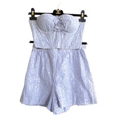 Chanel Vintage Cruise 1995 Blue Gingham Bustier Shorts Camellia
