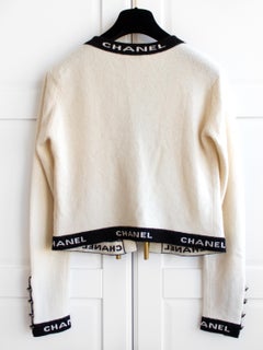 Chanel Vintage Cruise 1995 Ivory White Black Logo Cashmere 95C Cardigan