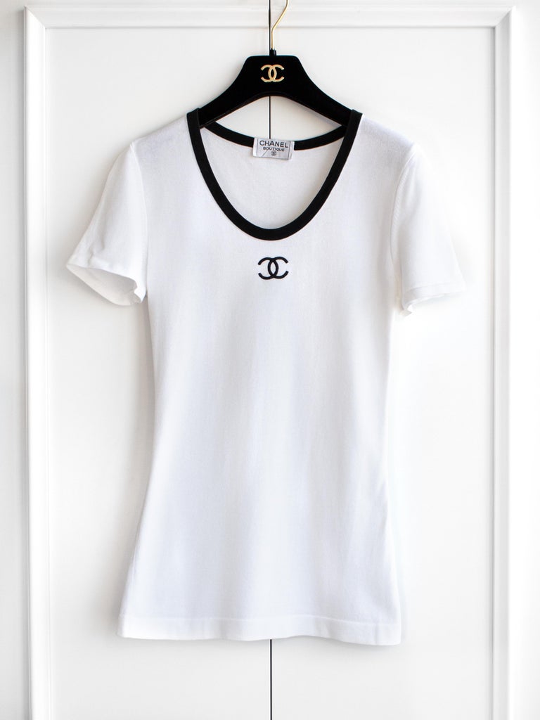 Chanel Vintage S/S1994 White Black Trim CC Logo 94P Cotton T-Shirt Top