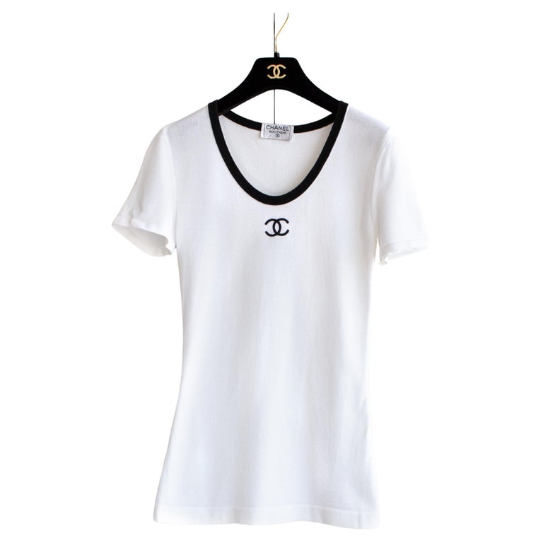 Chanel Vintage S/S1994 White Black Trim CC Logo 94P Cotton T-Shirt
