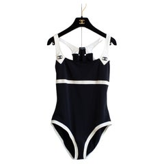 Chanel Vintage Cruise 1996 Black White CC Logo 96C One-piece Swimsuit Bodysuit
