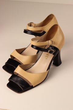 Chanel Vintage Cruise 1999 Two-Tone Beige Black Double Strap Peep-Toe Block Heel