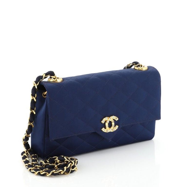 Chanel - Camellia Black Satin Pochette Bag - Gold Chain Strap