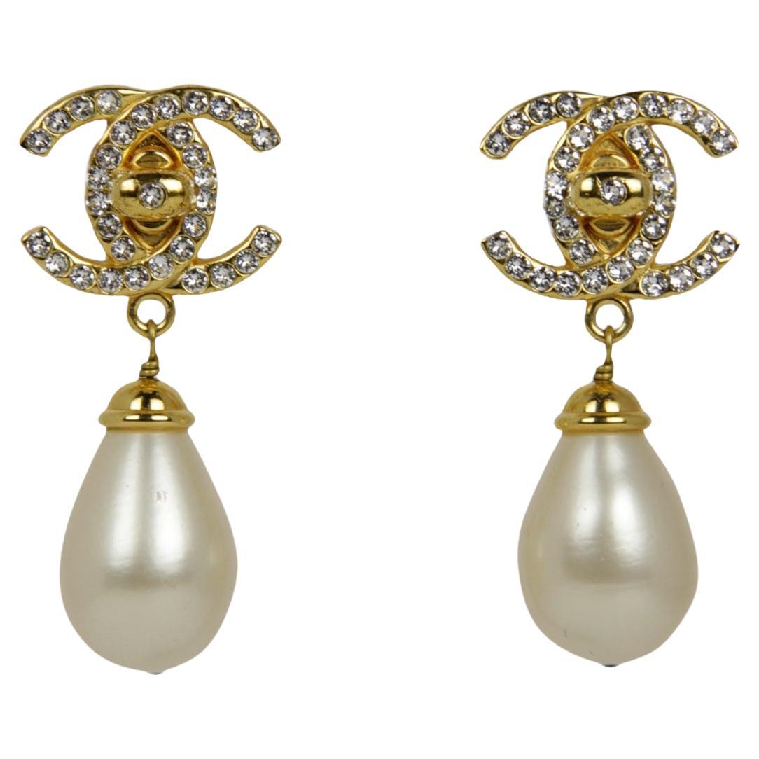 Chanel Vintage Crystal CC & Pearl Hanging Clip Earrings