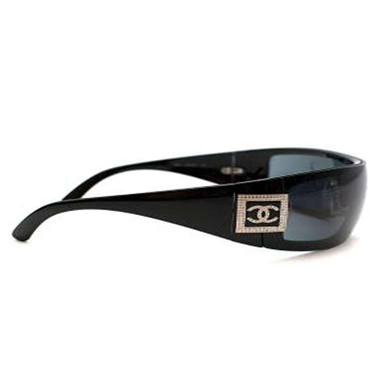 Women's Chanel Vintage Crystal Logo Black Visor Sunglasses