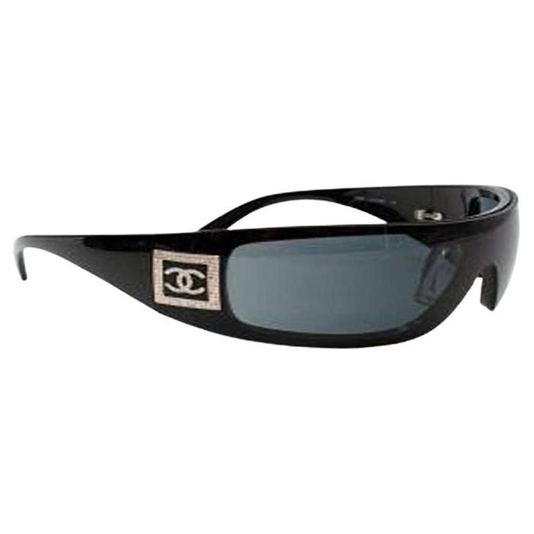 Chanel Vintage Crystal Logo Black Visor Sunglasses For Sale at 1stDibs