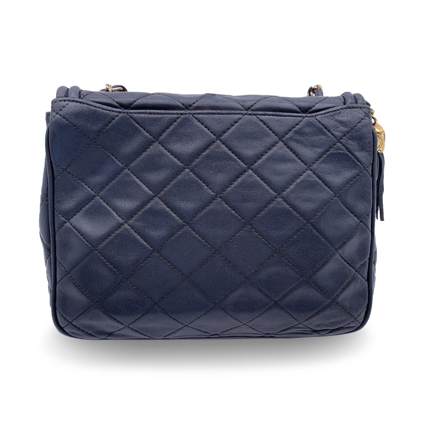 Black Chanel Vintage Dark Blue Quilted Leather CC Logo Tassel Shoulder Bag