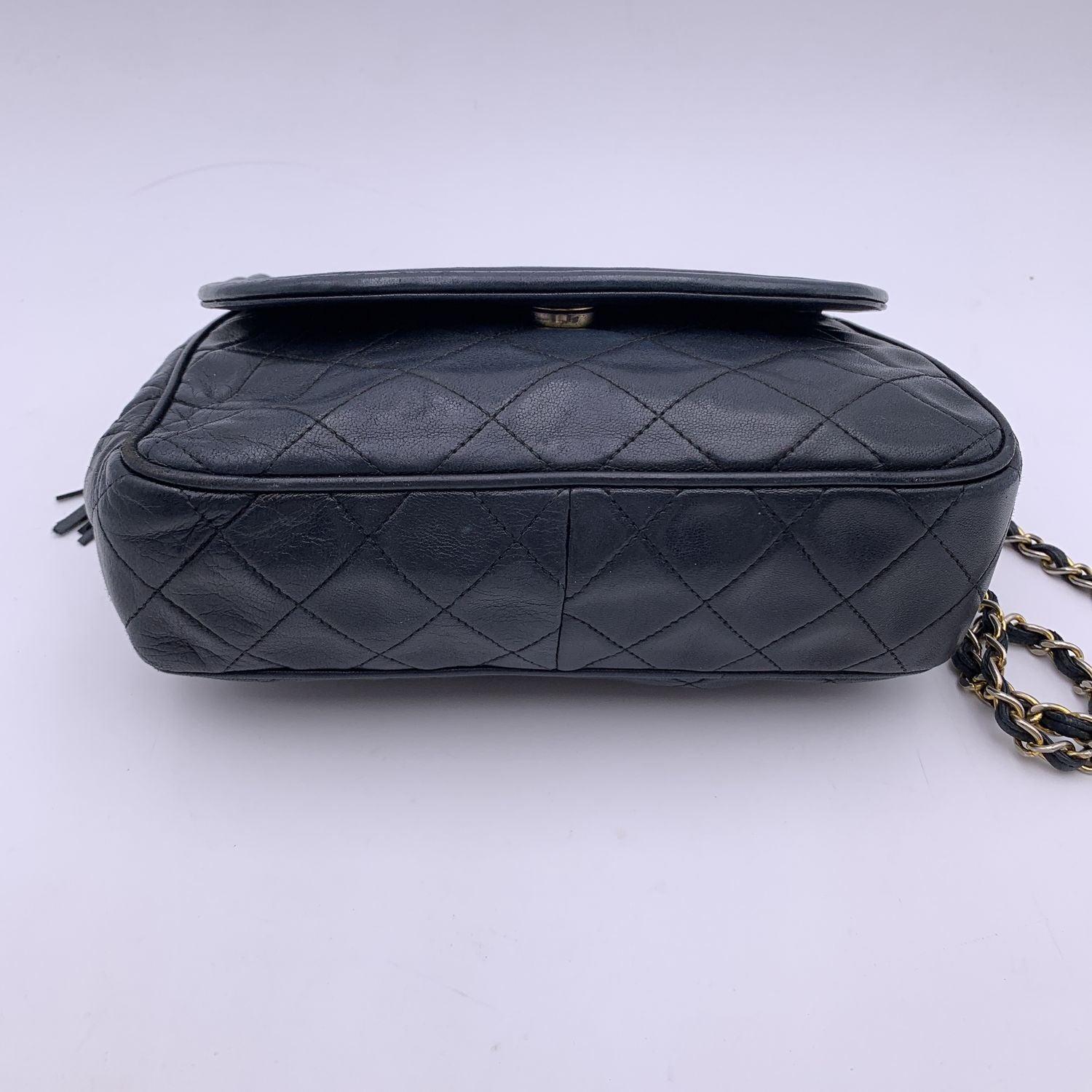 Chanel Vintage Dark Blue Quilted Leather CC Logo Tassel Shoulder Bag 1