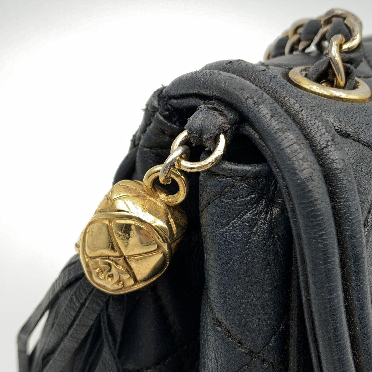 Chanel Vintage Dark Blue Quilted Leather CC Logo Tassel Shoulder Bag 2