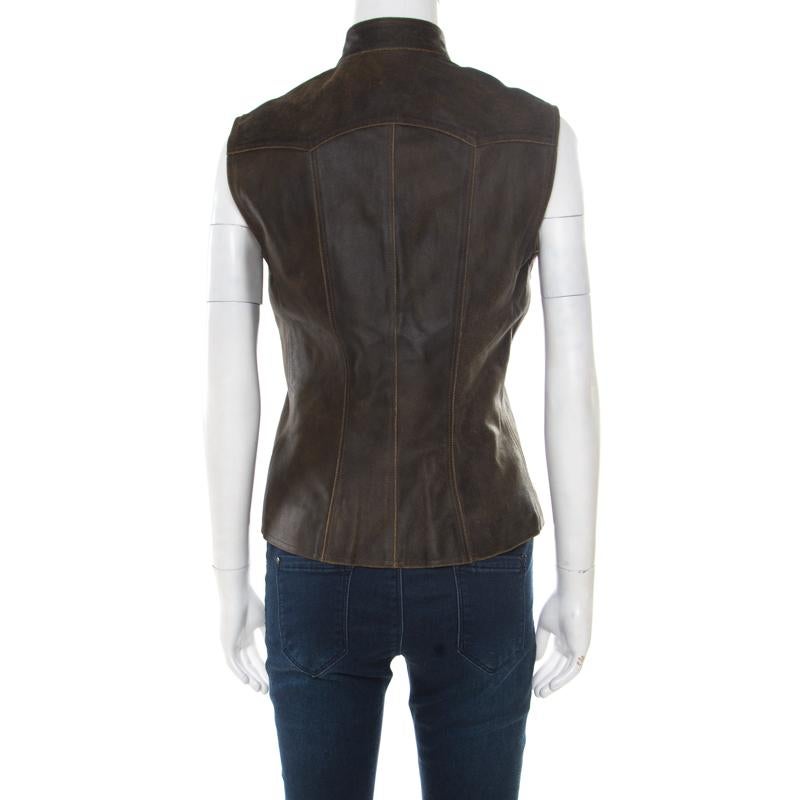 Black Chanel Vintage Dark Brown Calfskin Leather Button Front Vest M