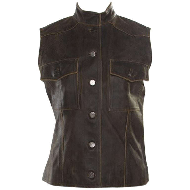 Chanel Vintage Dark Brown Calfskin Leather Button Front Vest M