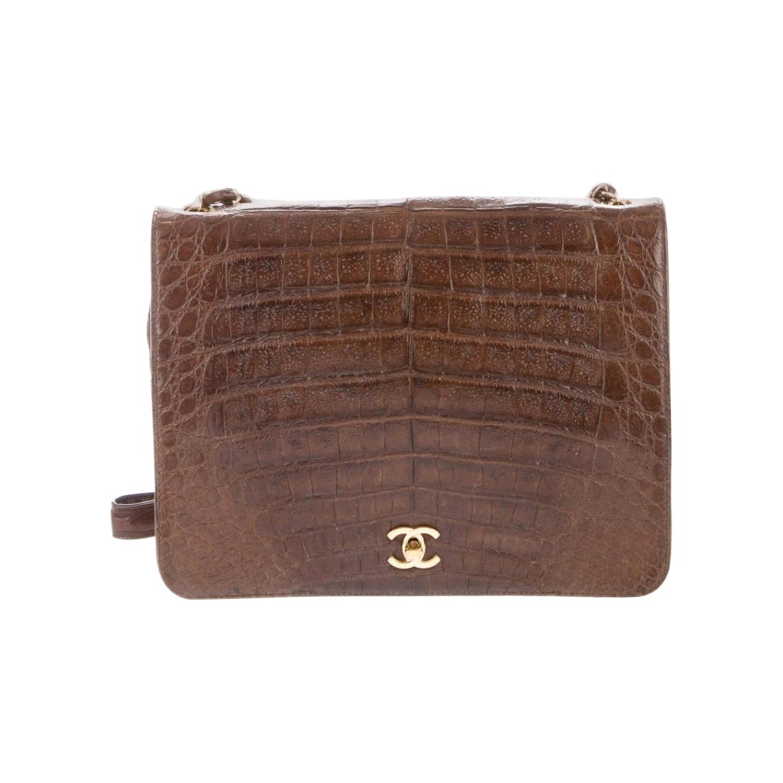 Chanel Vintage Dark Brown Cognac Crocodile Exotic Gold Medium Shoulder Flap Bag For Sale