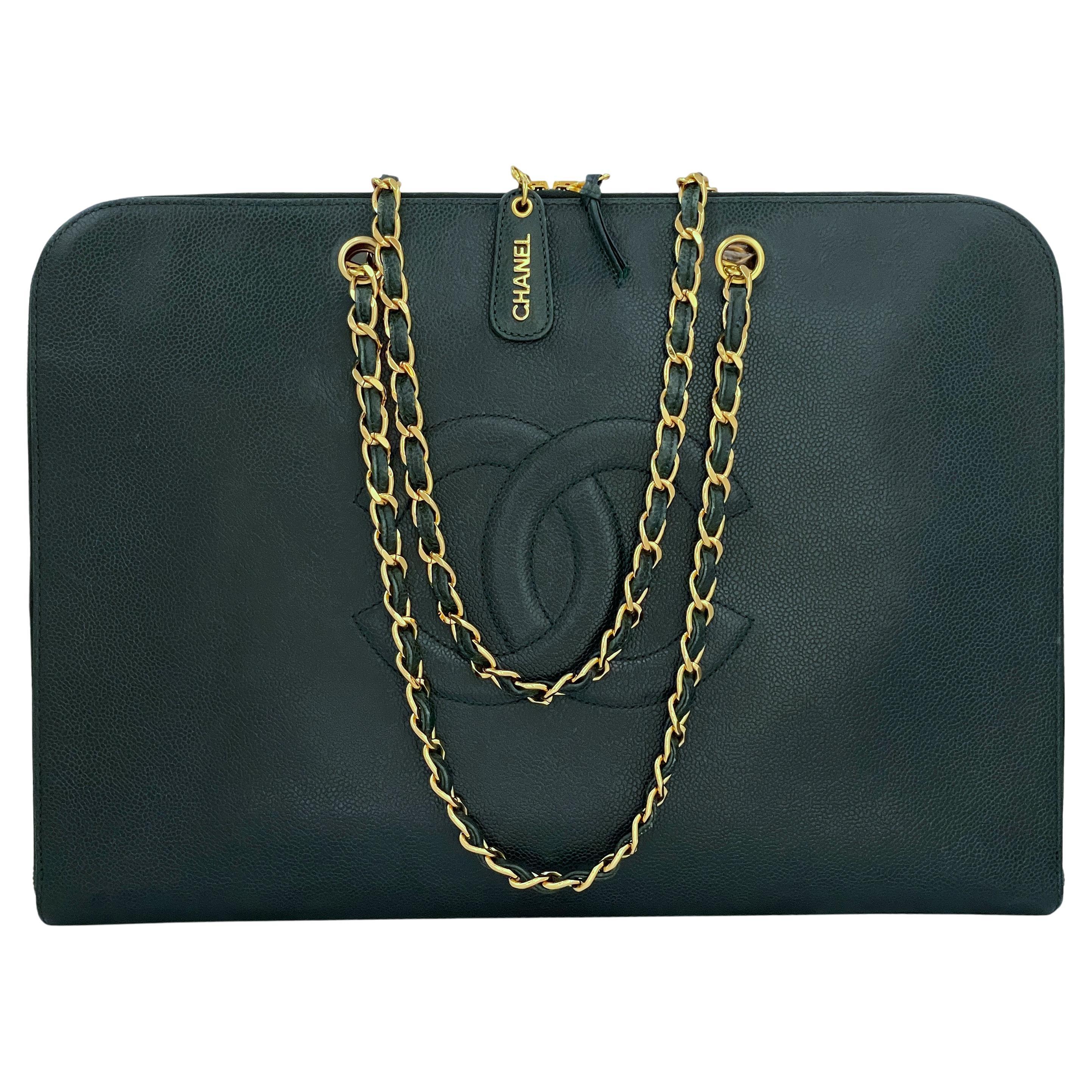 Chanel Vintage Dark Green Caviar Portfolio Laptop Work Tote Bag