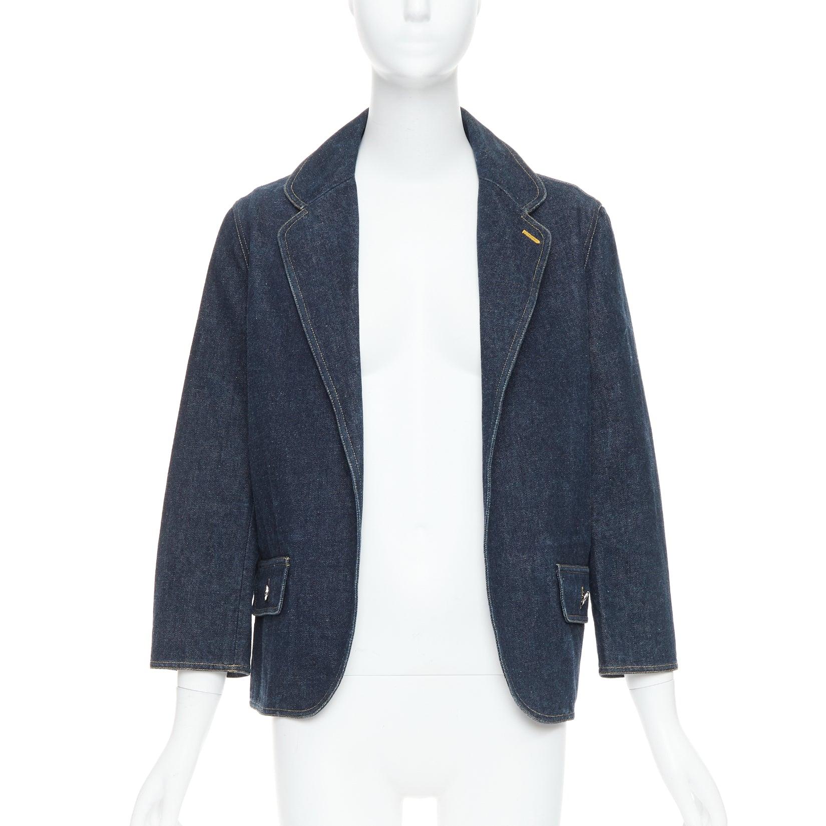 Black CHANEL Vintage dark indigo denim CC logo buttons blazer For Sale