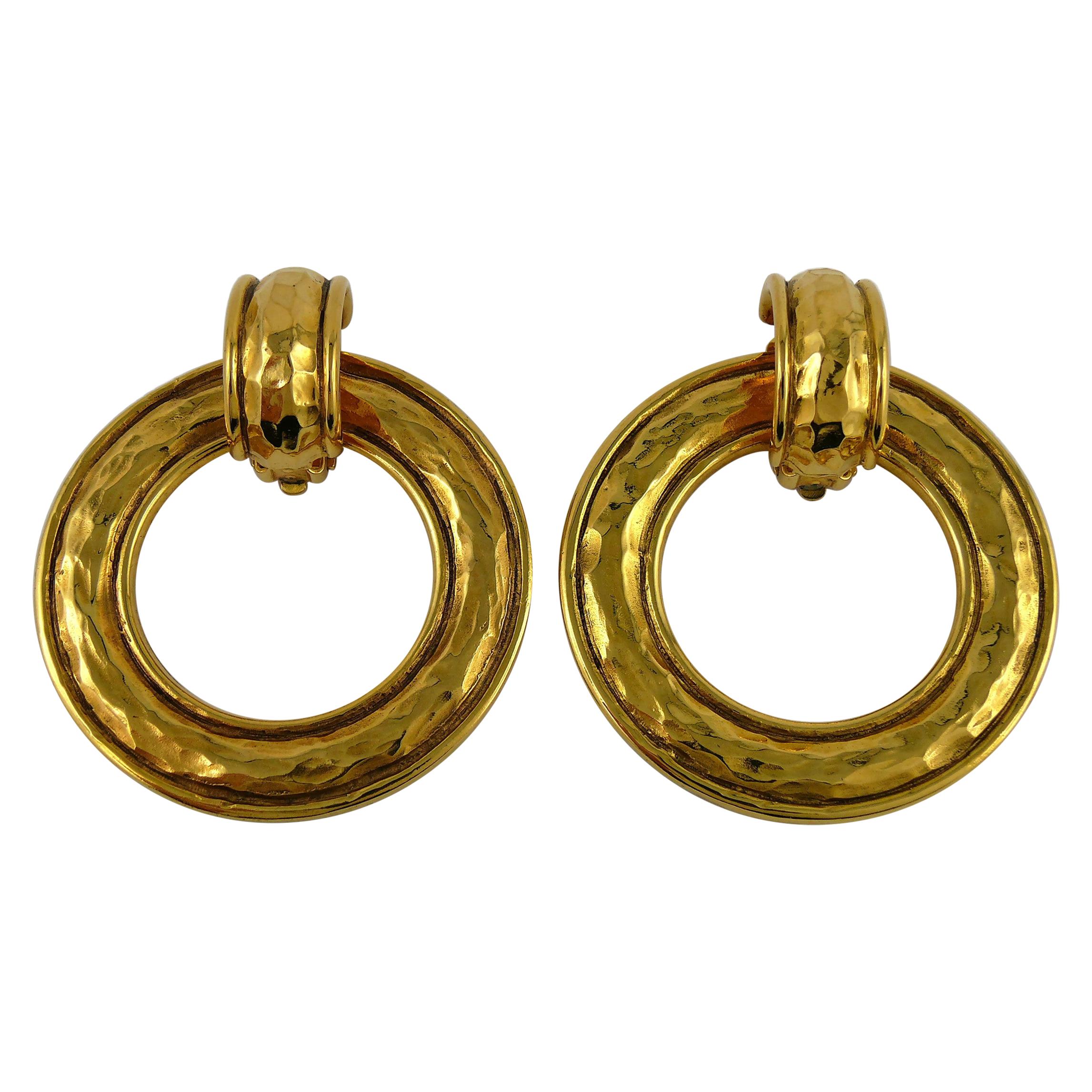 Chanel Vintage Detachable Hammered Gold Toned Hoop Earrings