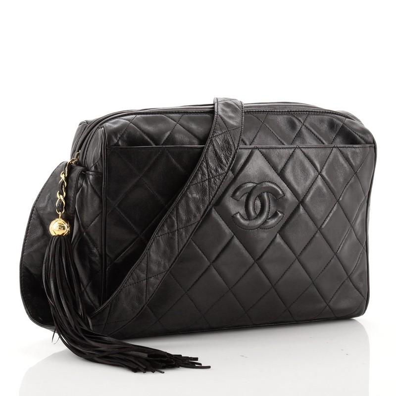 Black Chanel Vintage Diamond CC Camera Bag Quilted Lambskin Large