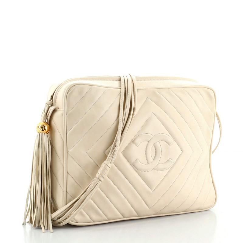 Beige Chanel Vintage Diamond CC Camera Bag Quilted Lambskin Large