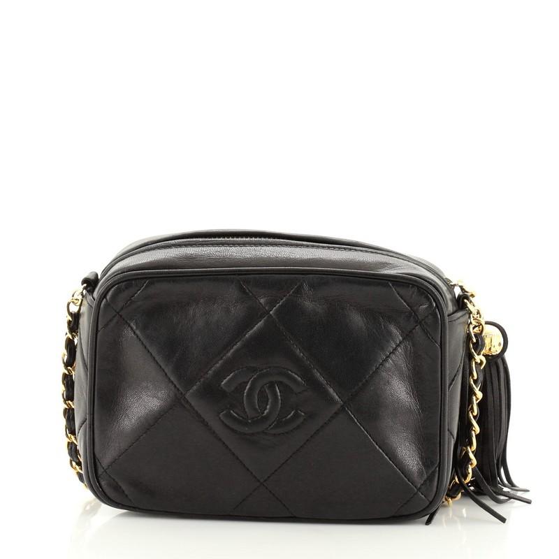 Black Chanel Vintage Diamond CC Camera Bag Quilted Leather Small