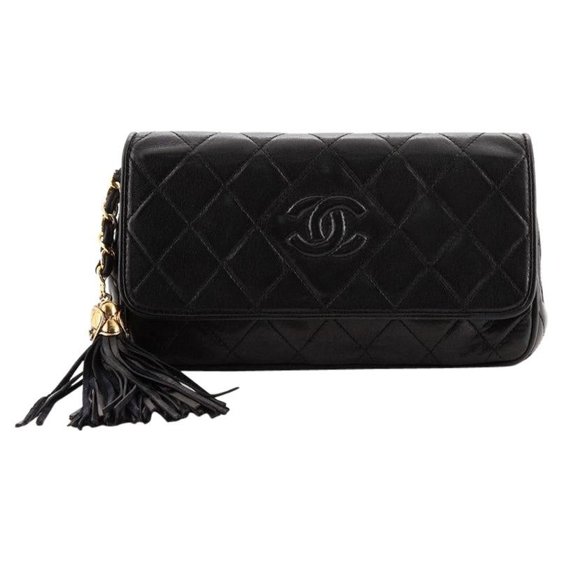 Chanel Vintage Diamond CC Tassel Flap Clutch Quilted Leather Small