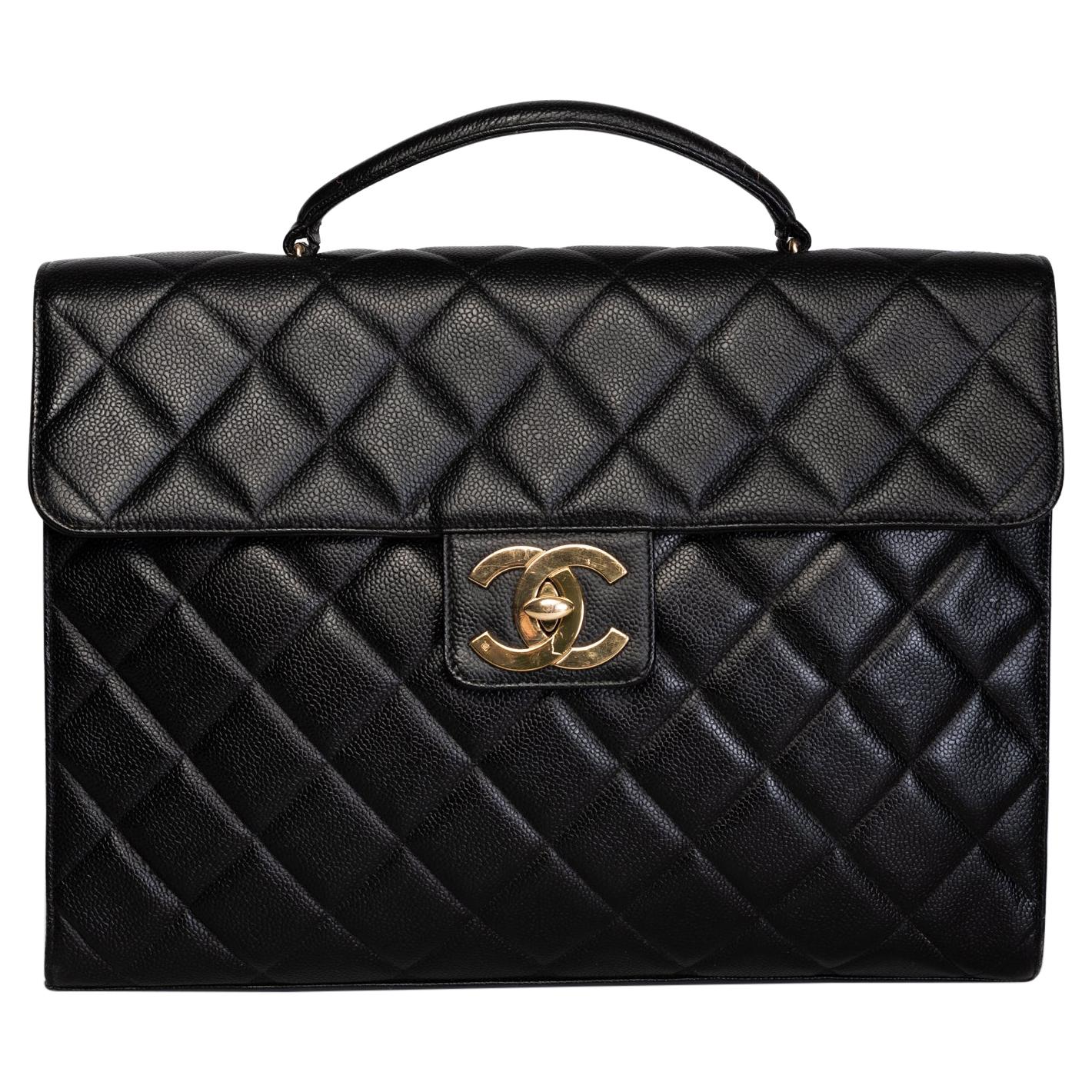 Chanel Vintage Diamond Quilted Black Caviar Leather Briefcase (circa 90s)