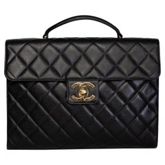 Chanel Retro Diamond Quilted Black Caviar Leather Briefcase (circa 90s)