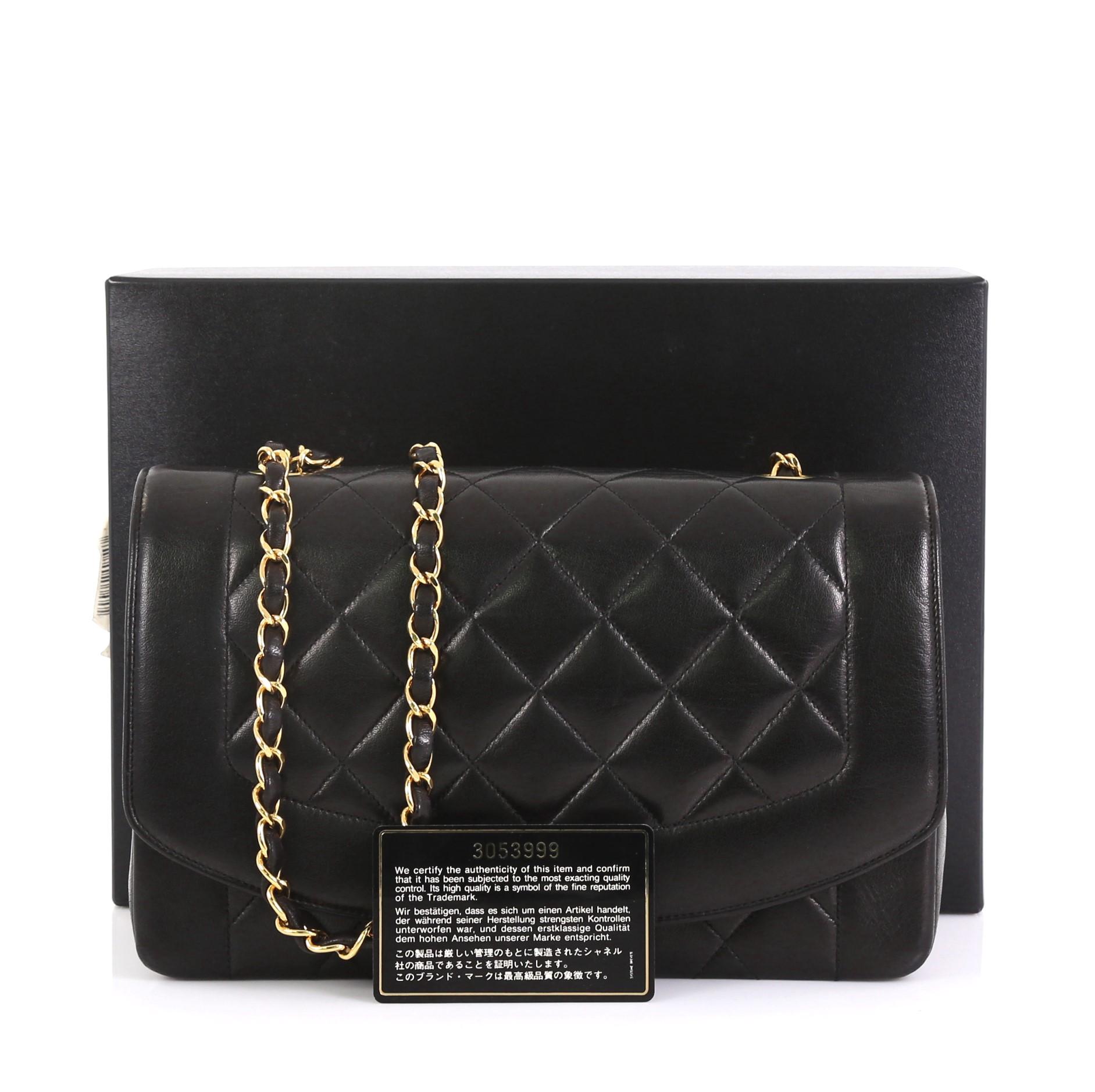 This Chanel Vintage Diana Flap Bag Quilted Lambskin Medium, crafted in black quilted lambskin leather, features woven in leather chain link strap and gold-tone hardware. Its CC turn-lock closure opens to a red leather interior with zip pocket.