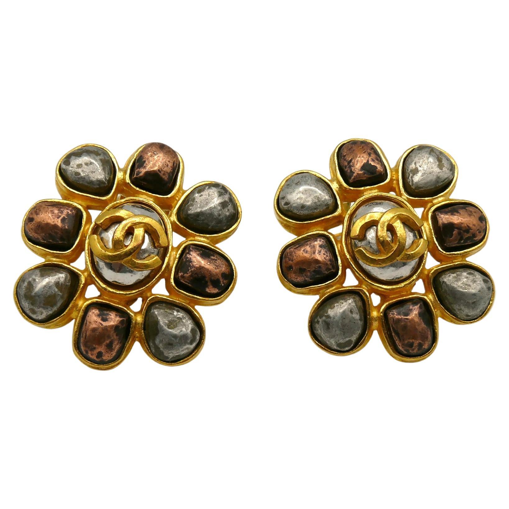Chanel Vintage Distressed Flower CC Earrings, Fall 1997 For Sale