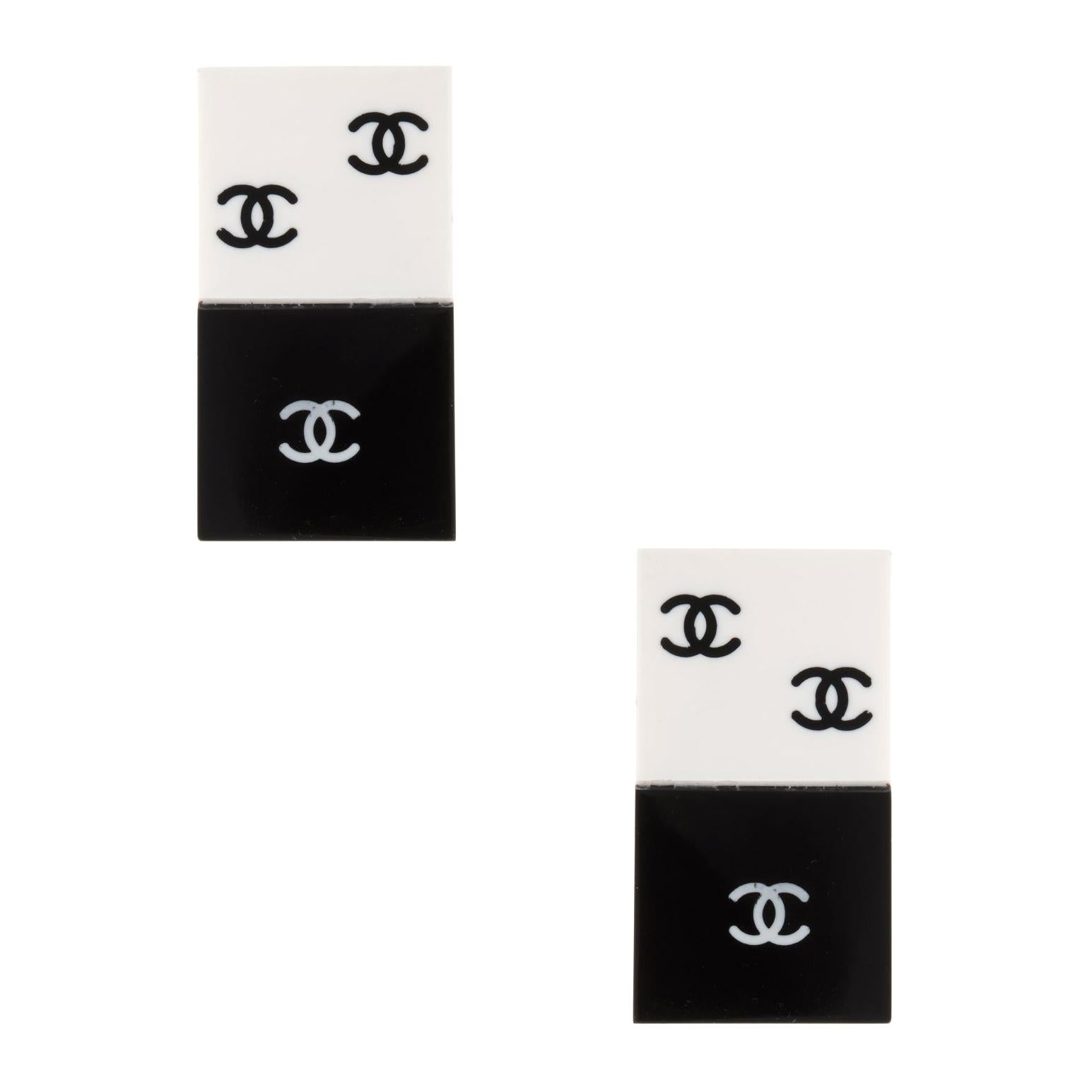 Chanel Vintage Domino Quad Earrings Black White Lucite Estate Designer Jewelry