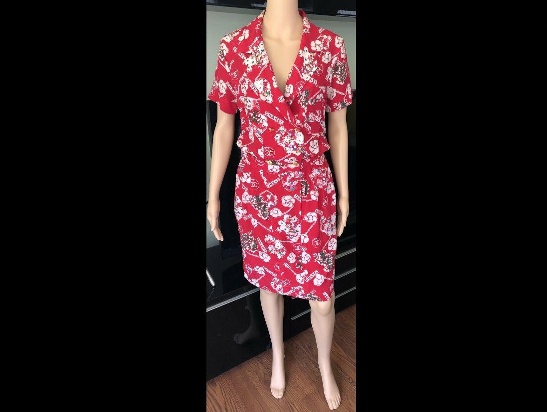 Chanel Vintage Double Breasted Logo Silk Red Dress In Good Condition For Sale In Naples, FL