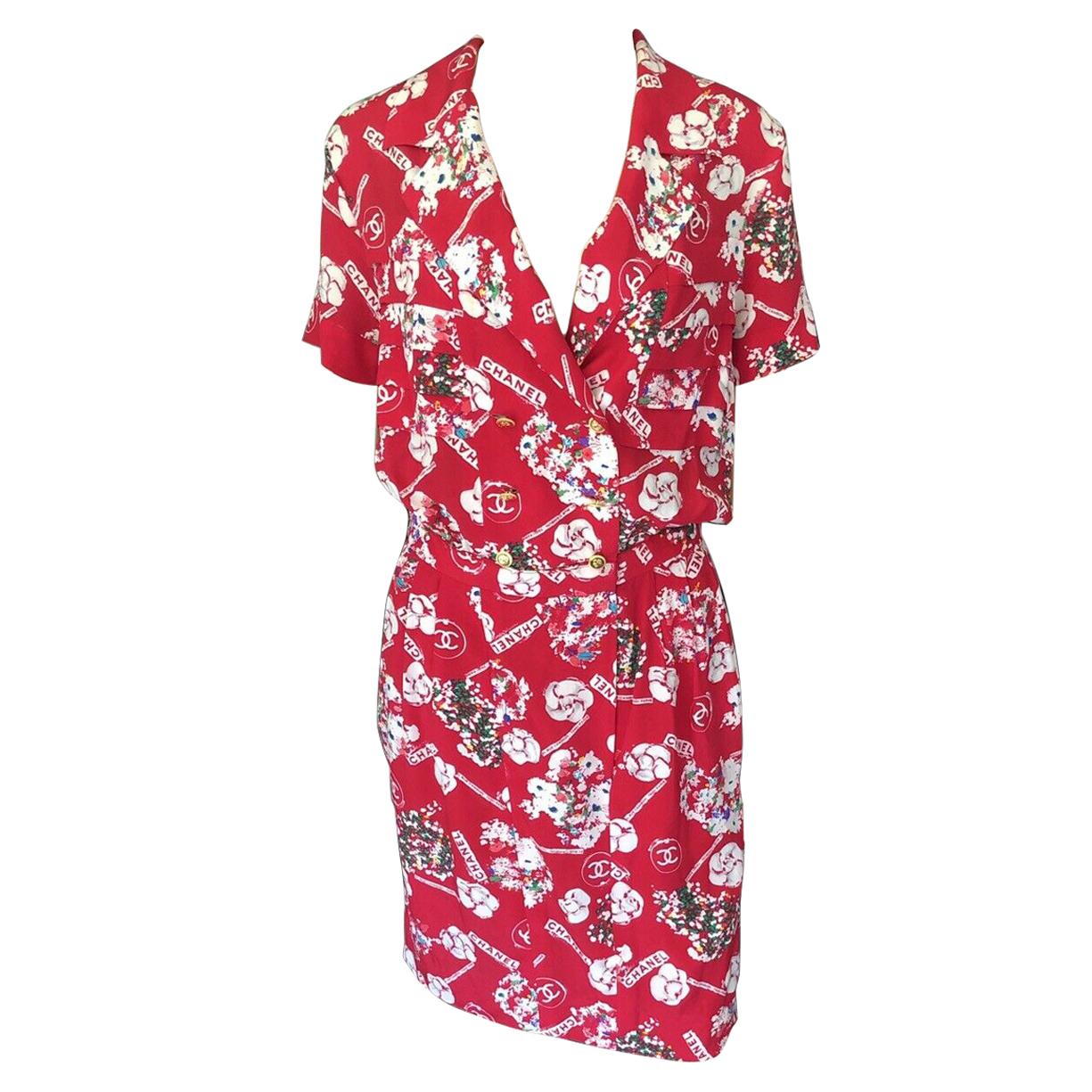 Chanel Vintage Double Breasted Logo Silk Red Dress For Sale