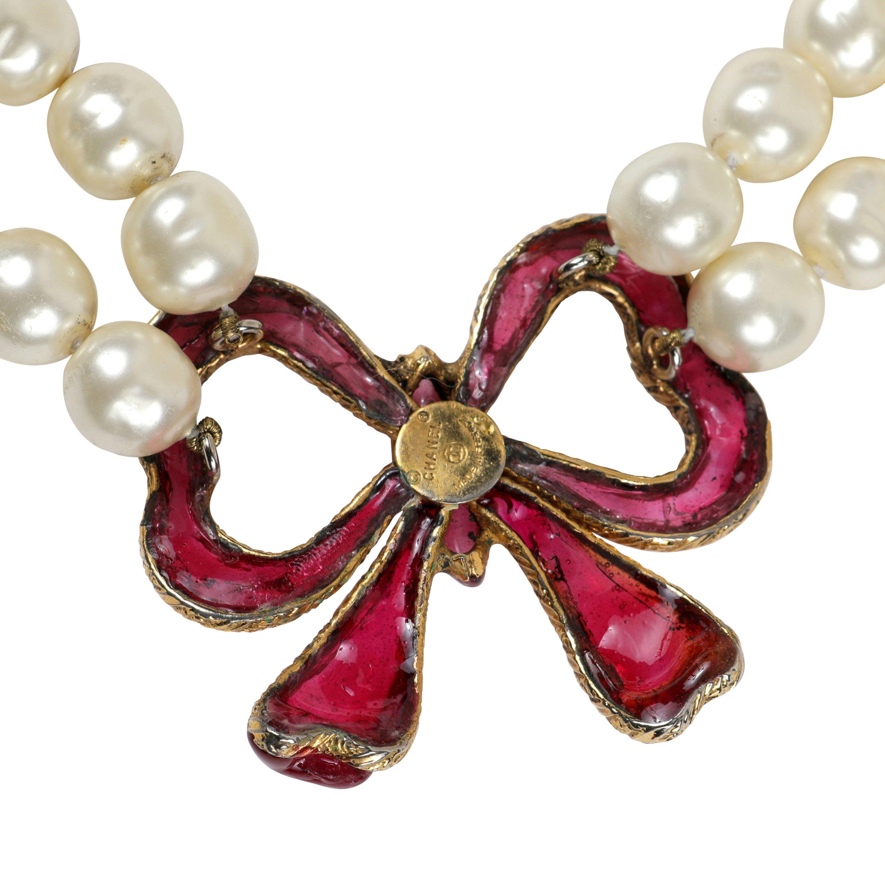 Chanel Vintage Double Pearl Red Gripoix Bow Choker For Sale 1