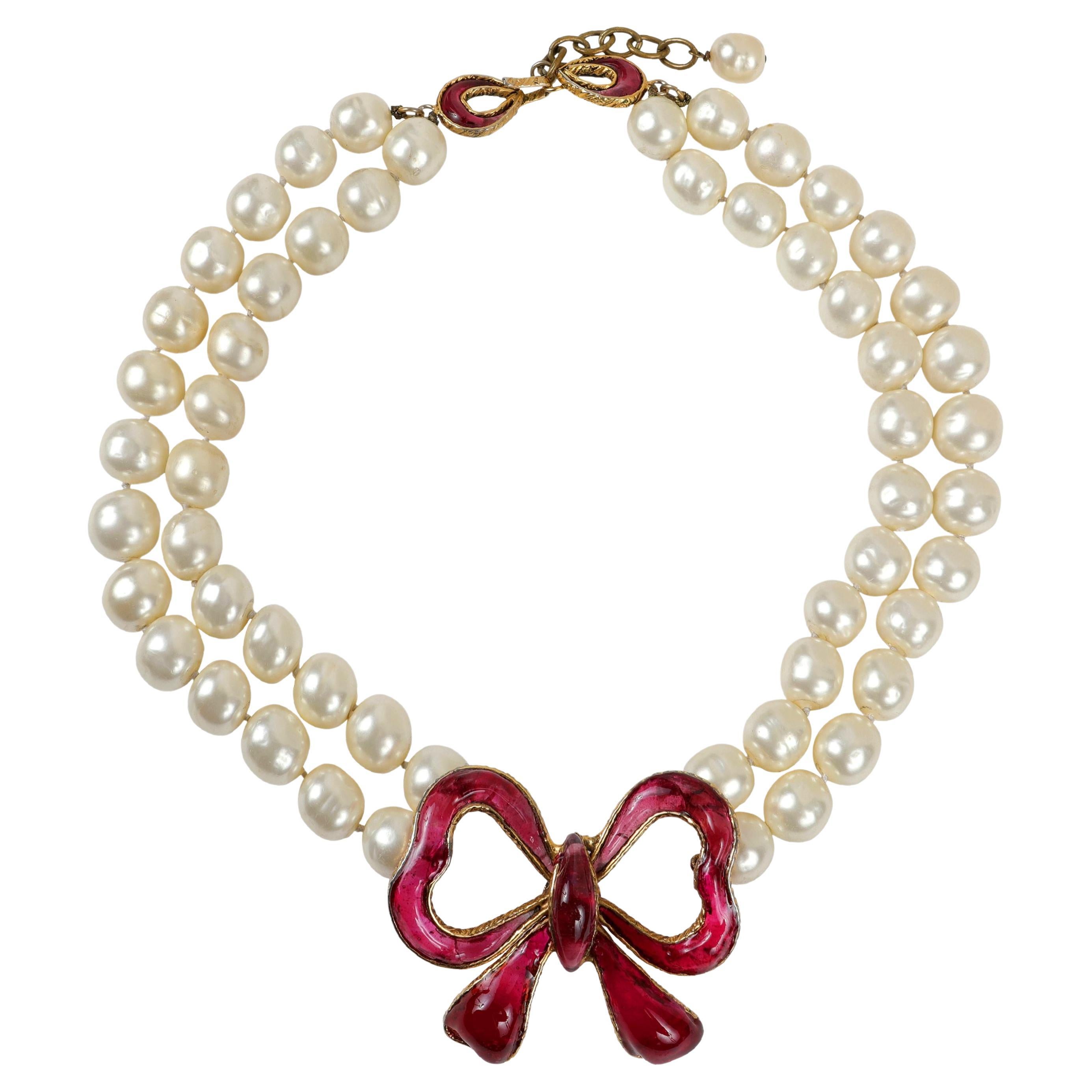 Chanel Vintage Double Pearl Red Gripoix Bow Choker