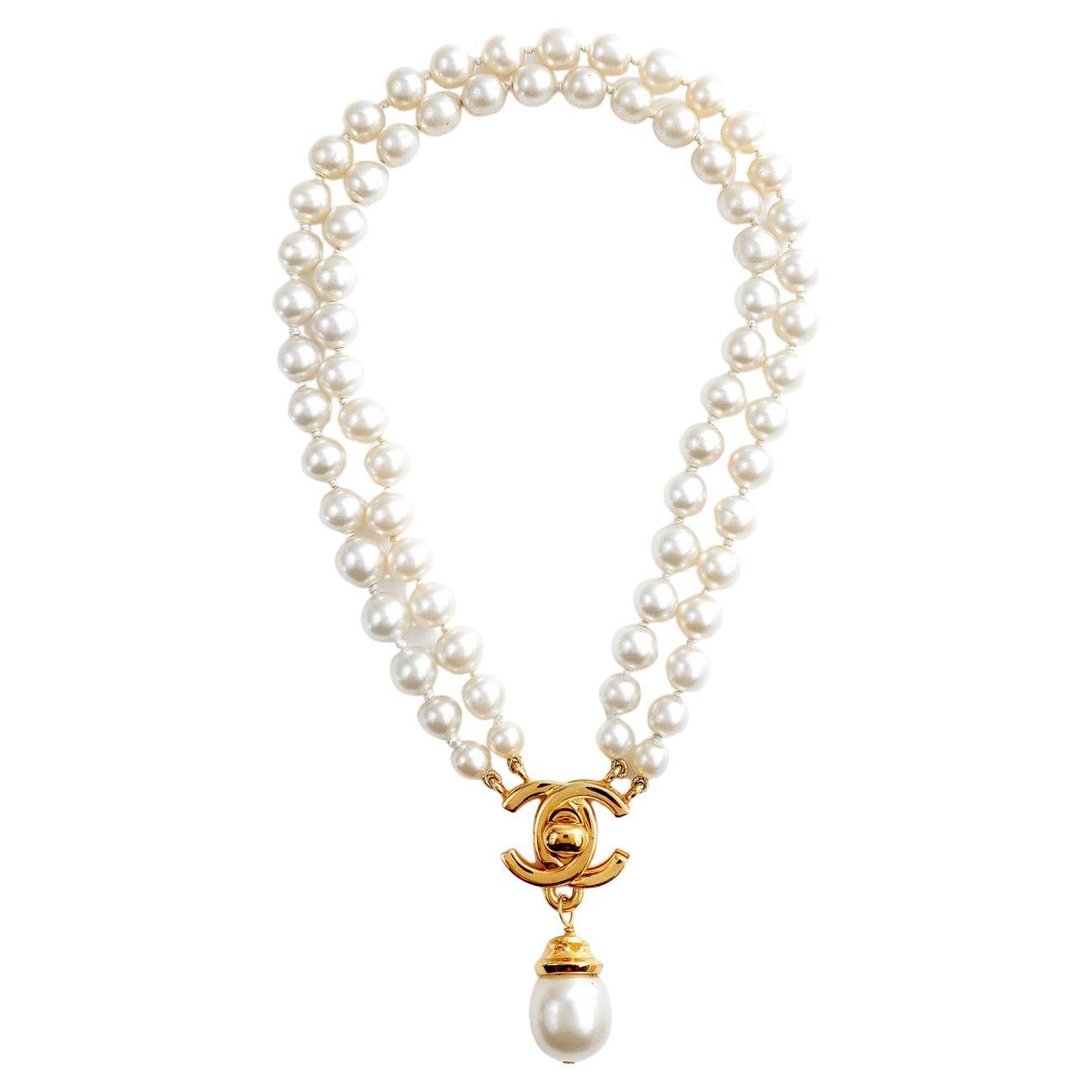 Chanel Vintage Double Pearl Strand CC Lock Necklace