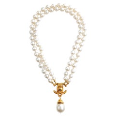 Chanel Vintage Double Pearl Strand CC Lock Necklace 