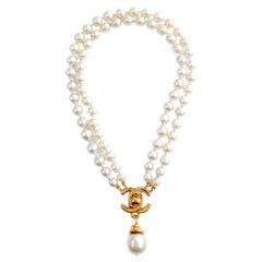 Chanel Vintage Double Pearl Strand CC Lock Necklace